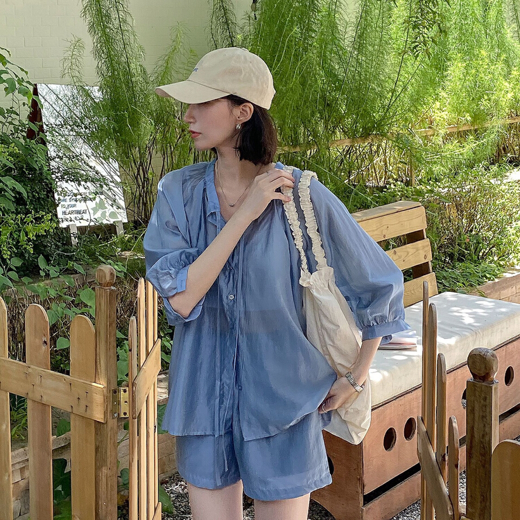 [secondtime] single breasted comfortable shirt + elastic waist casual Shorts Set 5282\xj