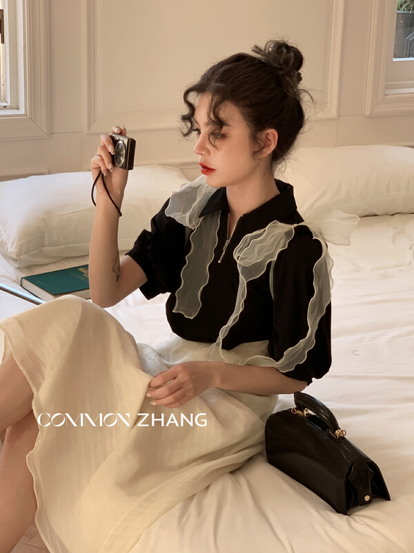 [CZ Zhang] fashion zipper versatile short sleeve T-shirt 62490\jhy