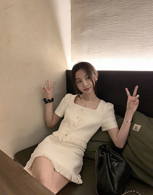 [Amanda] small fragrance temperament tassel button blouse + slim skirt two piece suit 9652\pcz