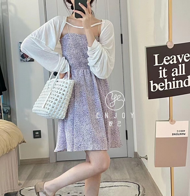 [enjoy · Yueji] Korean floral strap skirt + short sunscreen cardigan two piece suit 8955\pcz