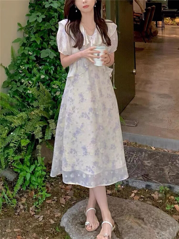 [jun.t] French retro flounced broken flower waist slim dress 6175\pcz