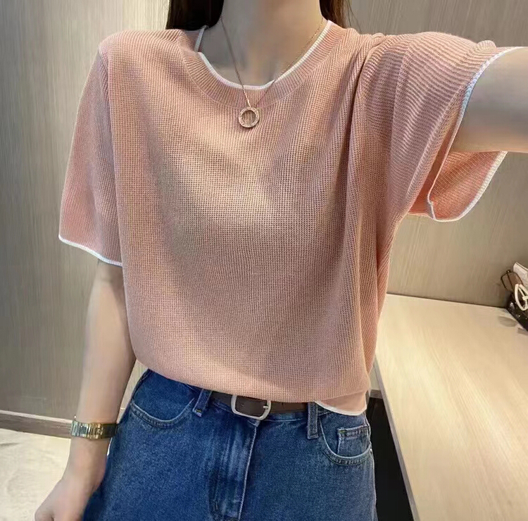 [huole] leisure simple color matching loose thin Pullover round neck short sleeve T-shirt 725\wtt