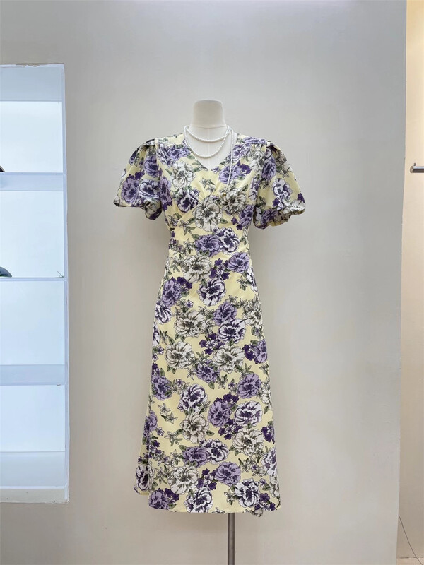 [most] French V-neck bubble sleeve waist print dress 97119\zjy