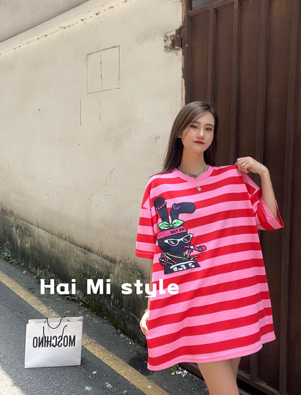 [Helmi] Korean loose large heavy industry sticker short sleeve T-shirt (T-shirt only) 1886\wtt