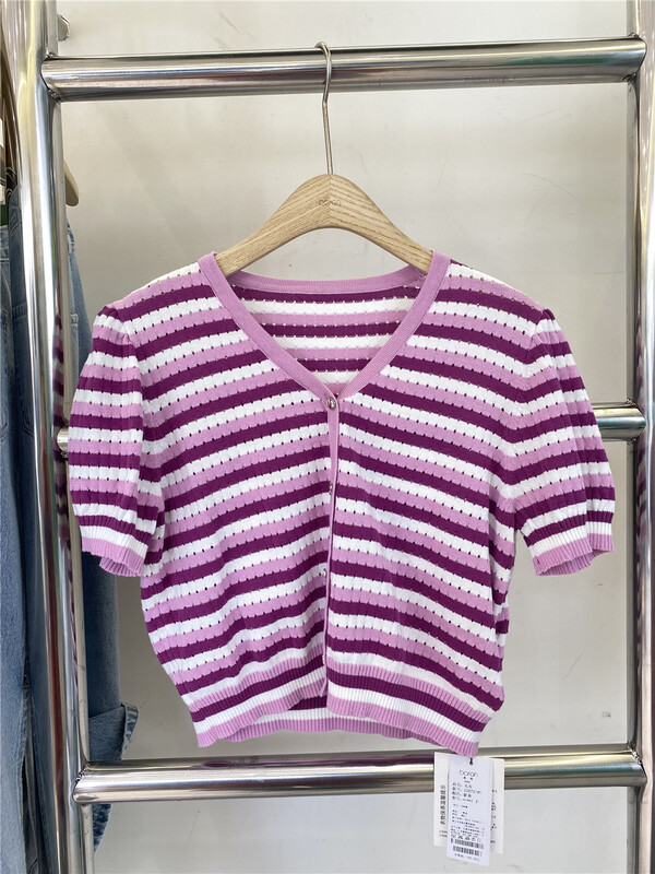 [Boran Boran] Korean stripe round neck short sleeve knitted cardigan 7319\lsw