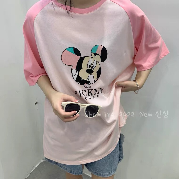 [Hello] Korean round neck color contrast Mickey print short sleeve T-shirt 7710\wtt
