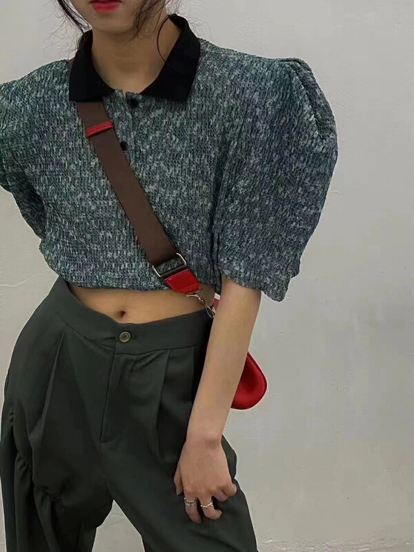 [MI] Korean fashion drawstring Polo neck ice silk blouse 9611\pcz