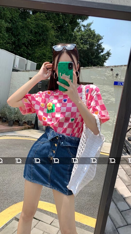 [original by tangdou] three dimensional small Plaid Korean love short sleeve T-shirt (flowers can not be removed) 9802\wtt