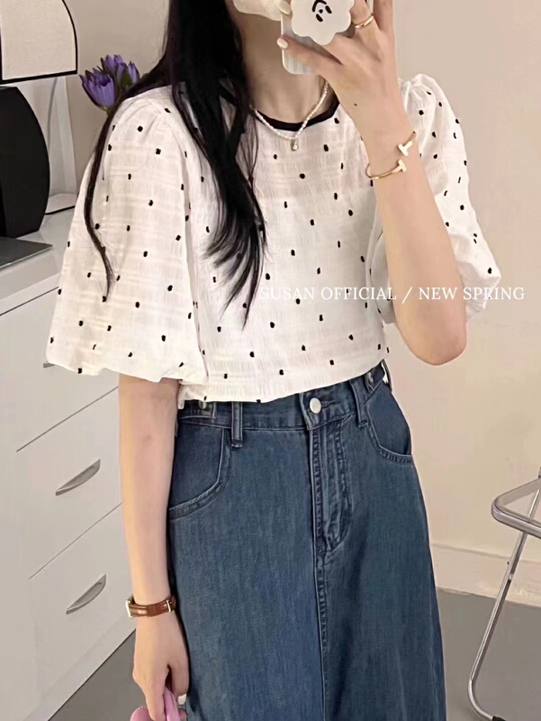 [Susan] color blocked round neck Polka Dot versatile shirt 18613\lsw