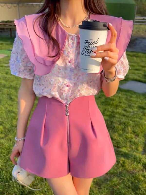 [Kiki studio] sweet and fresh Lapel shirt + slim Half Zip Shorts Set 5959\hjy