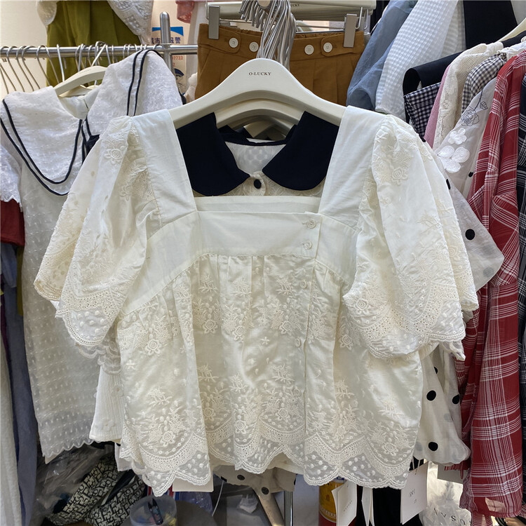 [o.lucky] square neck single breasted comfortable Korean shirt 1878\hbx