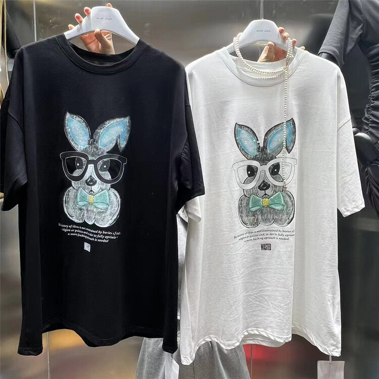 [QIANJIAO] lace splicing drill press cartoon short sleeve T-shirt 6949\pcz