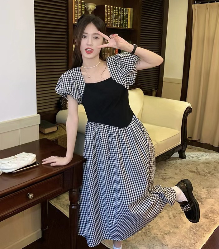 [JH] net red plaid stitching contrast Lantern Sleeve Dress (dress only) 41887\pcz