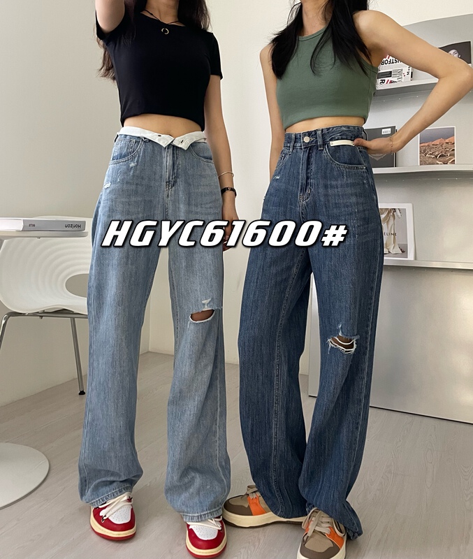 【 nobody 】 foreign style hole design pocket leather label wide leg jeans 61600\l