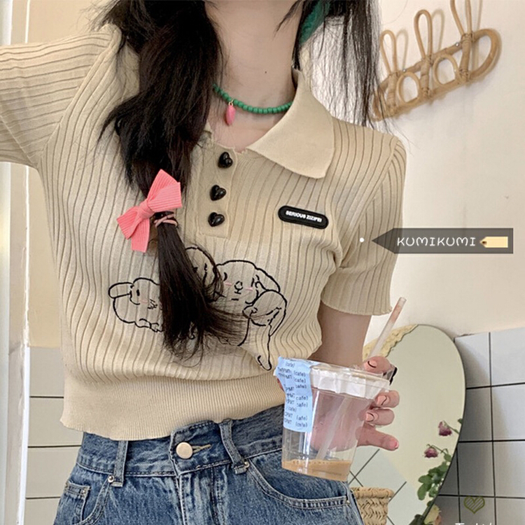 [f · P] retro girls' rabbit embroidery short T-shirt 3561\hbx