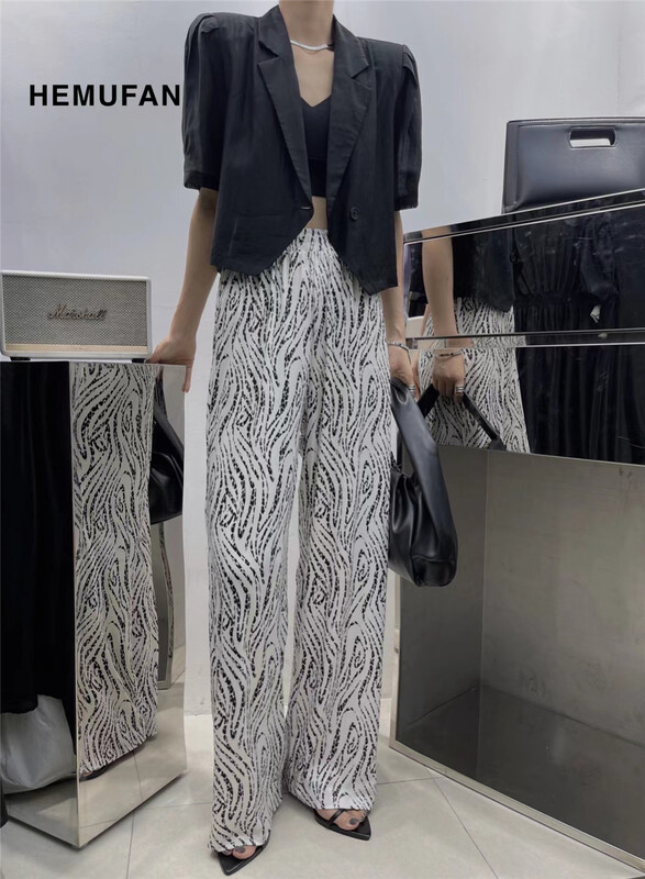 [hemufan hemufan] retro printed wide leg casual pants 3627\l
