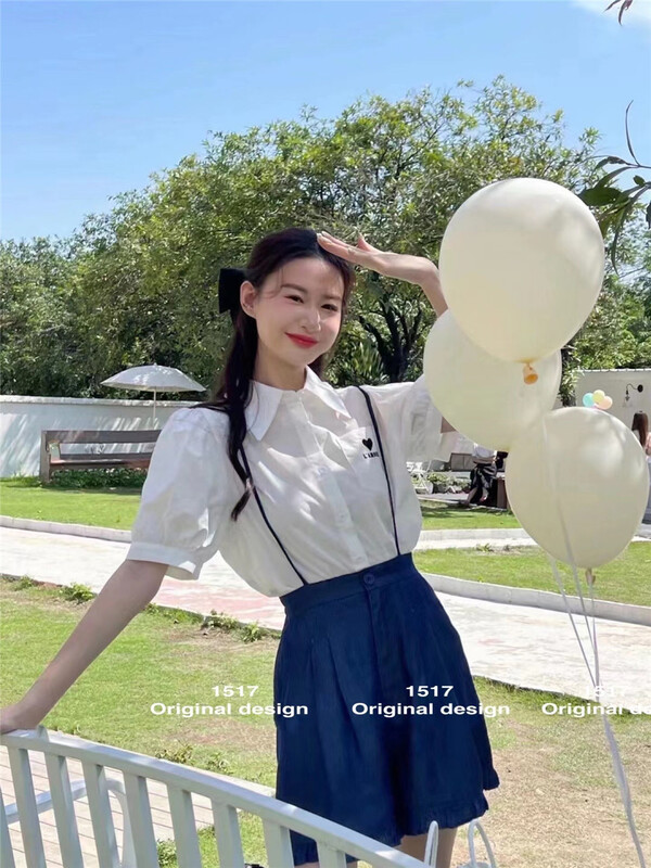 [1517] short sleeve love shirt + Korean versatile strap Shorts Set l918\zjy
