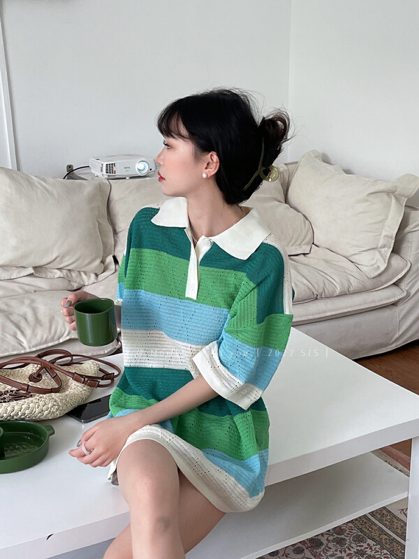 [event with you] Korean fashion Western stripe color blocked polo shirt 2m112\lsw