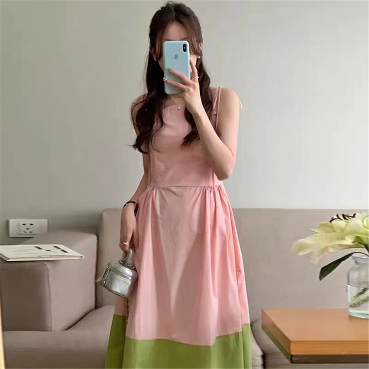[orange] fresh and simple color matching suspender dress 8910\hbx