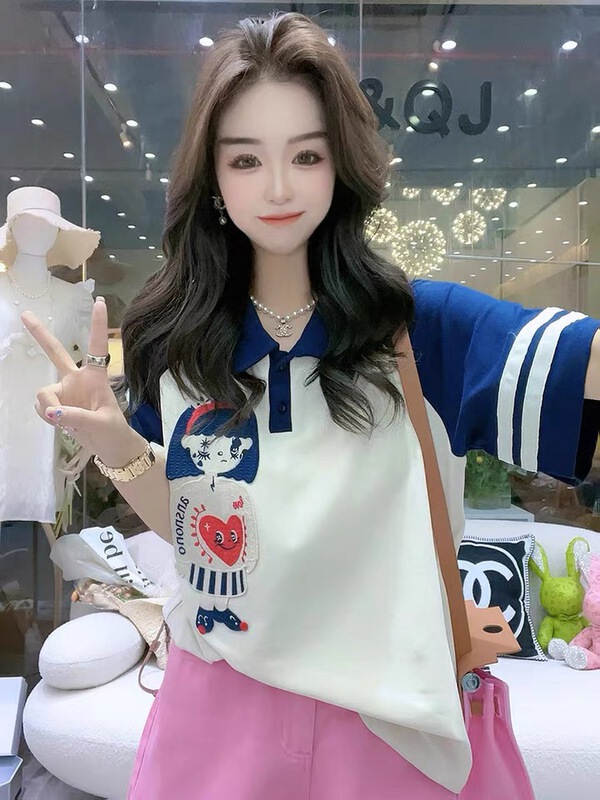 [Haimi] Korean version college style cloth embroidered loose polo shirt 1901\wtt