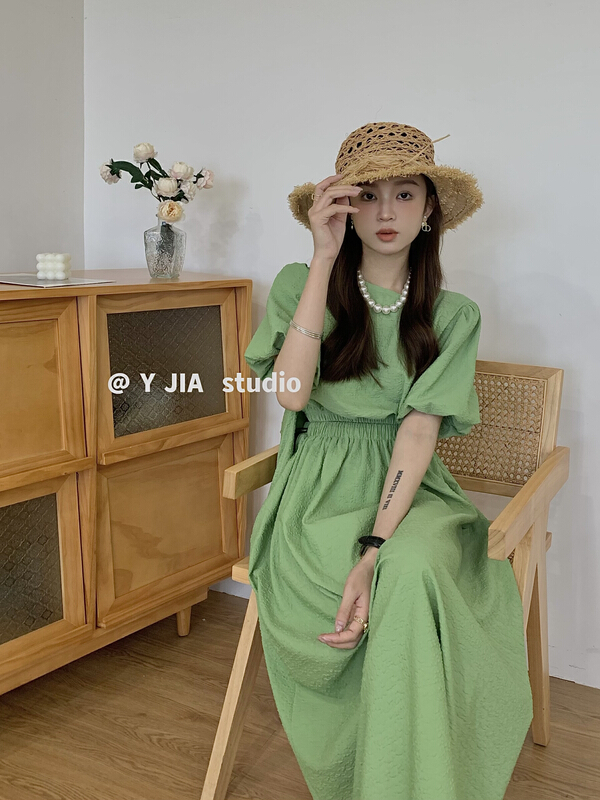 [y.jia EJA] temperament short round neck shirt + elastic high waist skirt suit (with bag) ys1-1028\pcz