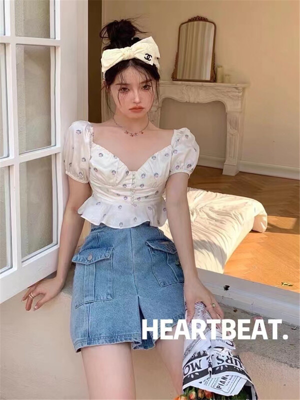 [hearteat] Korean fresh short floret shirt 553\zjy