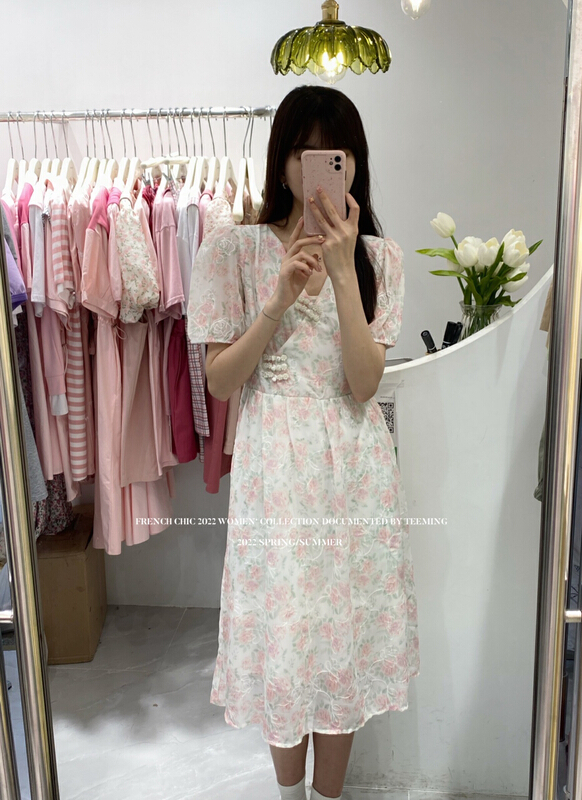 Live broadcast! [teem ing] design pearl buckle dress 22t361\hjy