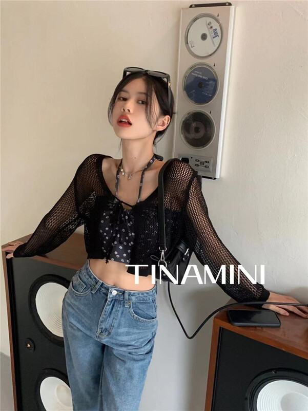 [tinamini] casual hollow out lace up shawl knitted cardigan 7474\hjy