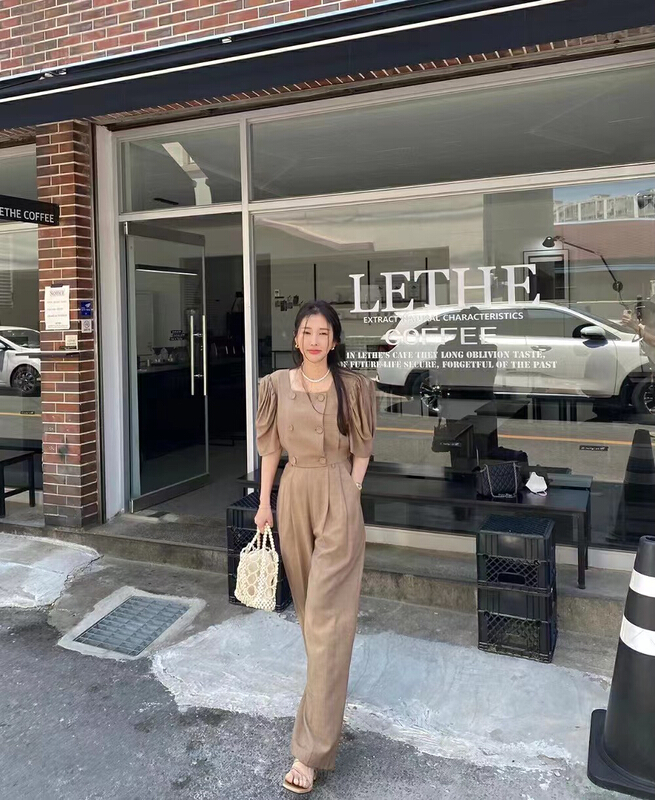 [31 fashion] square neck double breasted shirt + high waist slim casual pants set 10226\hjy
