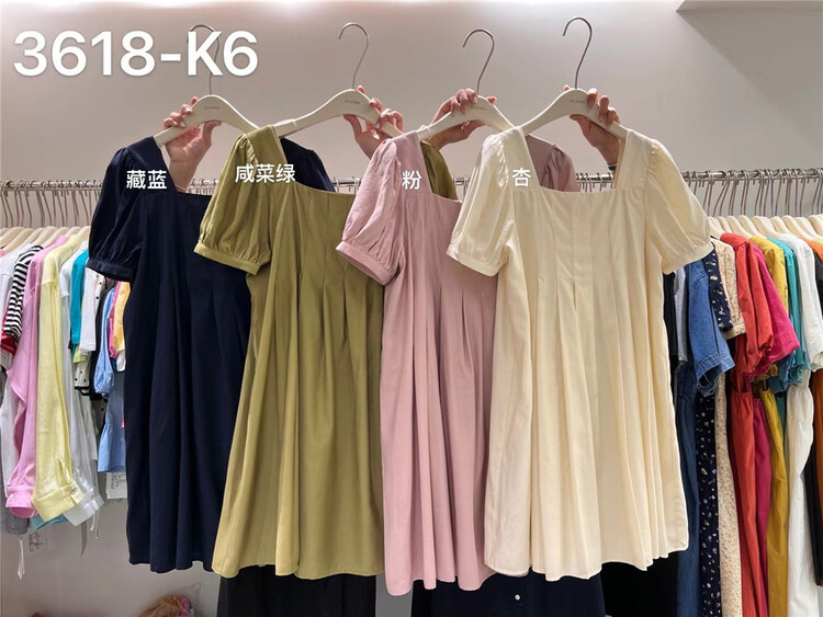 [feeding] fresh and simple square neck bubble sleeve crimped dress 3618-k6\cls