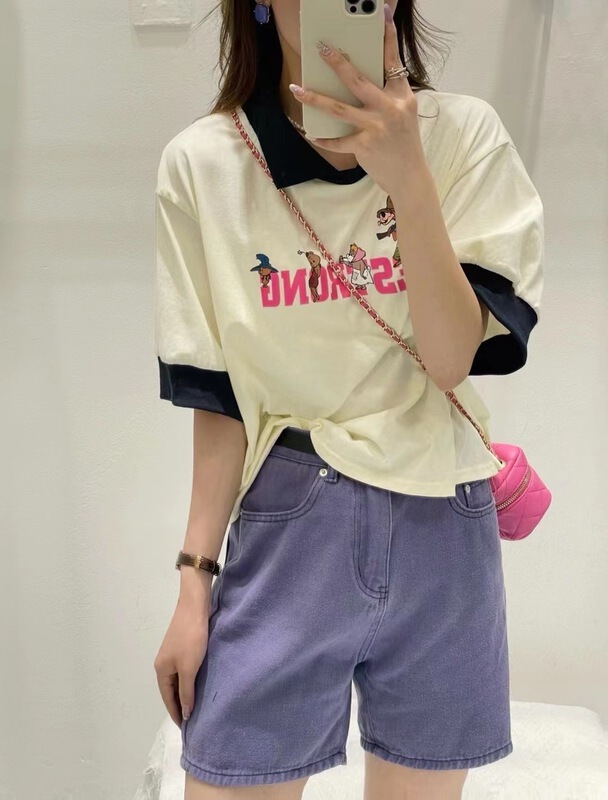[ya.mei] color blocked printing comfortable polo shirt (only selling tops) 1981-1\ll