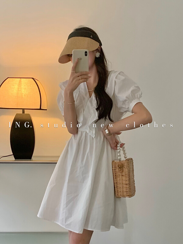 [ing] sweet V-neck Ruffle Dress (waist lace up) 7835\hbx