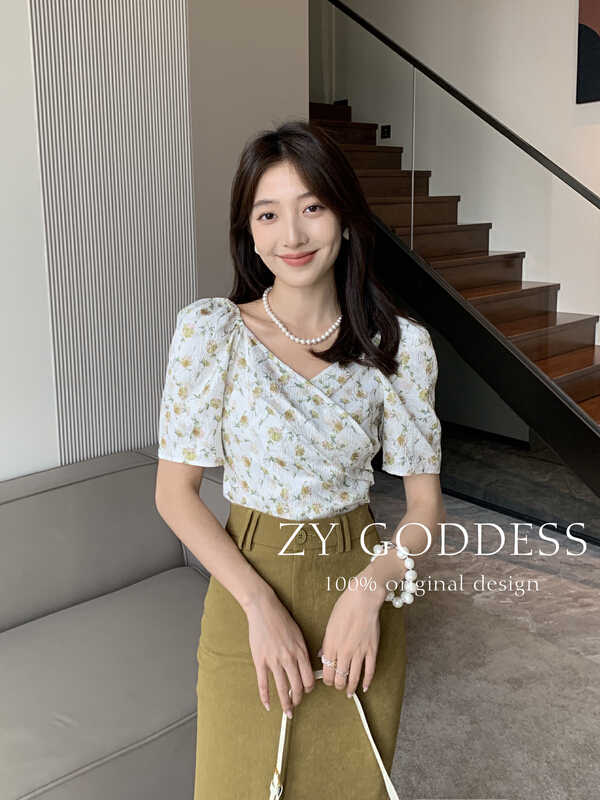 [ZY] Vintage jacquard bandage bubble sleeve shirt 68527\ozq