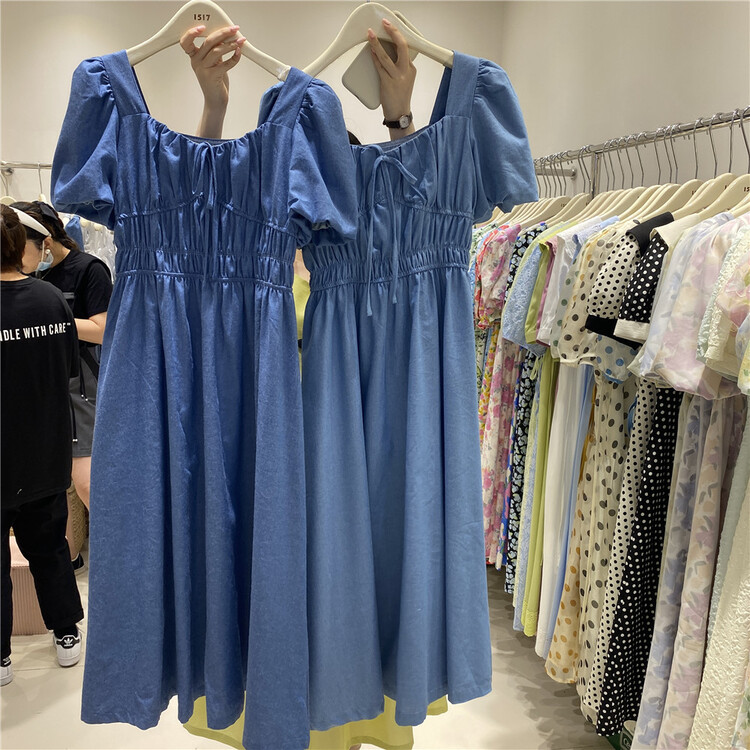 [1517] square neck Style Bubble Sleeve waist dress 7209\zjy