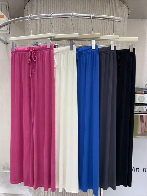 [win more] solid color vertical ice silk elastic waist tie casual pants 22186\cls