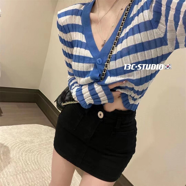 [13c.studio] V-neck versatile stripe knitted cardigan 6872\pcz
