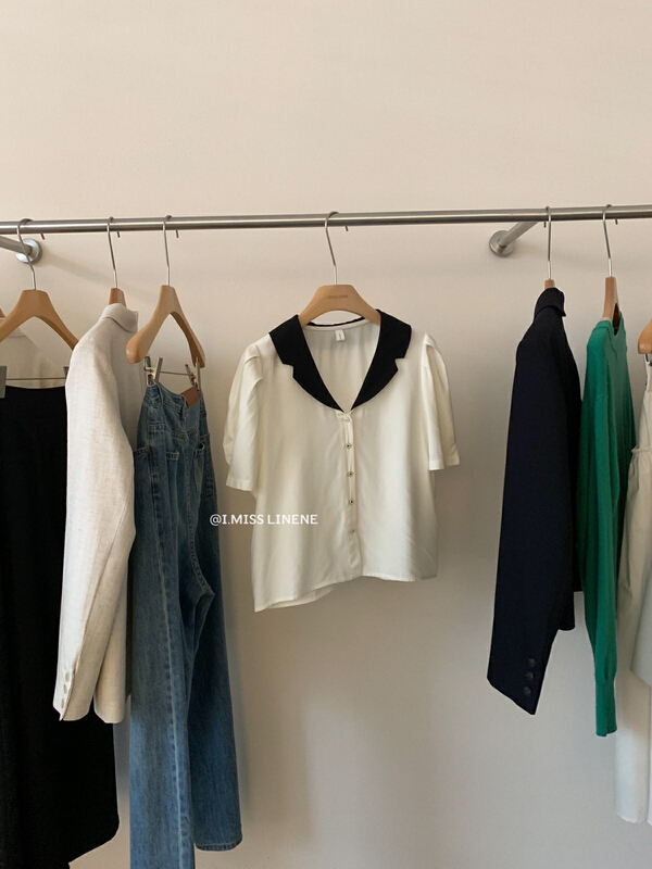 [Imiss] Xiaoxiang contrast color Lapel shirt bubble sleeve shirt cx3336\lsw