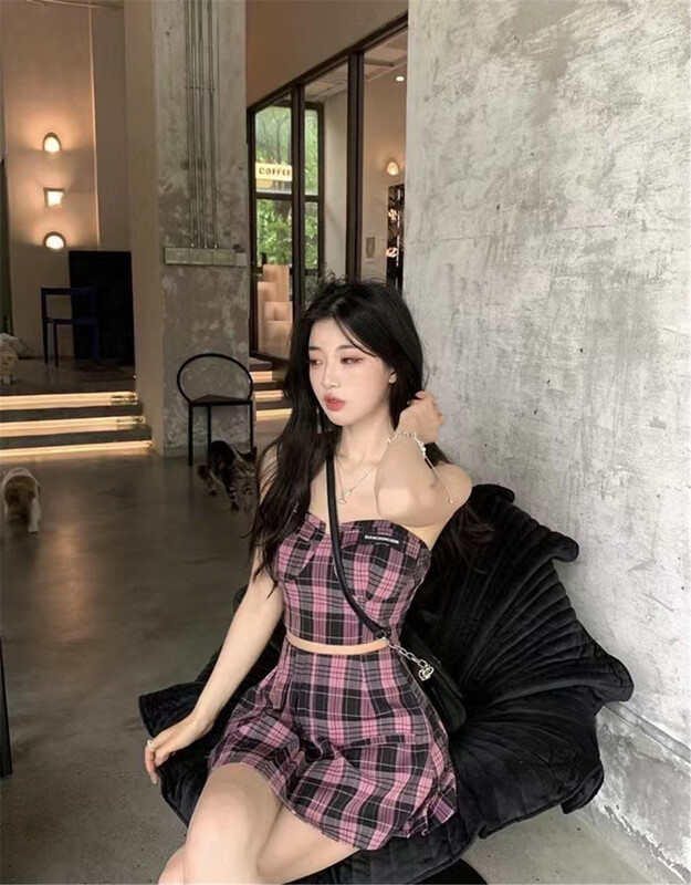 [MS studio] net red plaid suspender Vest + pleated Spice Girls skirt set ys1-5825\pcz