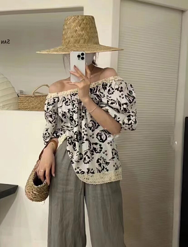 [spinach family spinach] large flowered collar lace off shoulder shirt 1855\hbx