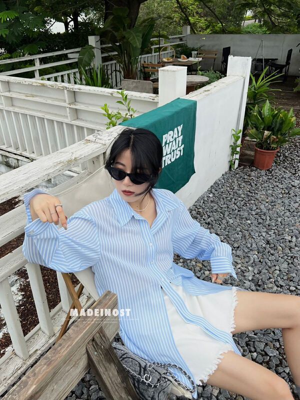 [OSHA madeinost] design sense two wear micro transparent stripe sun protection shirt Chiffon 86372