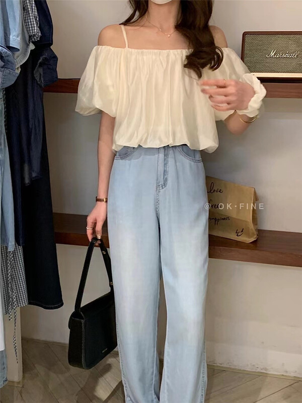 [OK fine] off shoulder sweet and versatile blouse (with hair circle) (only selling blouses) 8017\zjy