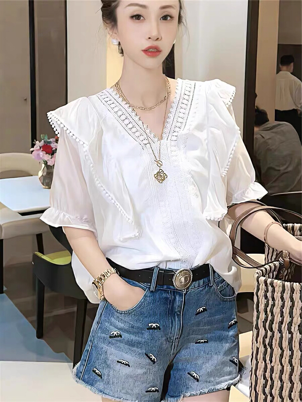 [Huaxi] Ruffle lace V-neck shirt 9111\pcz