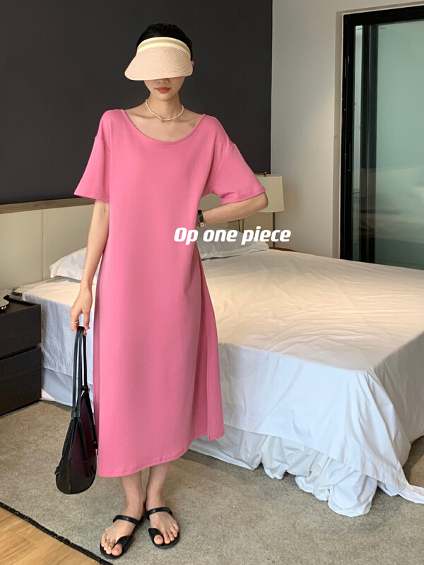 [OP one piece] Korean loose solid dress (with pearl chain) 60205\hjy