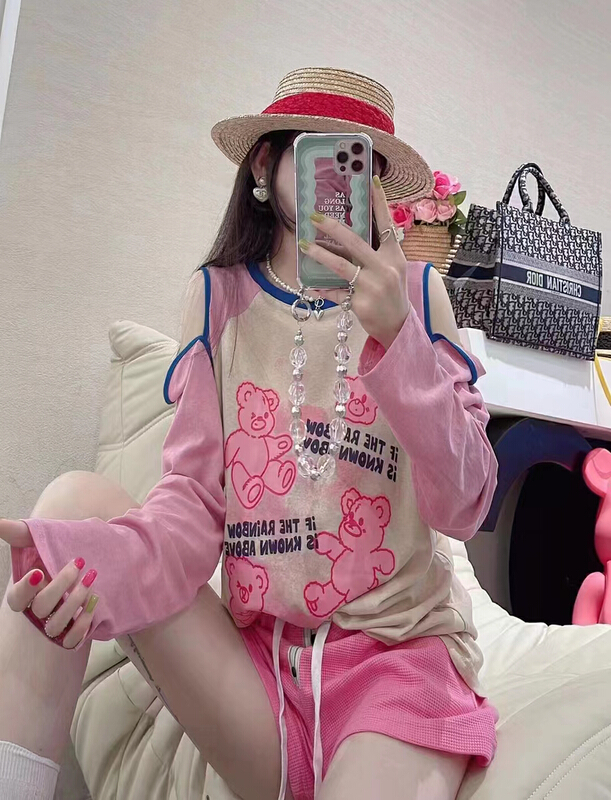[GL] net red print off shoulder contrast sun protection long sleeve T-shirt 6256\xyy