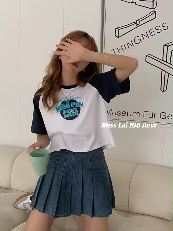 [HH &miss Lai] fashion letter print color block short sleeve T-shirt 106\l