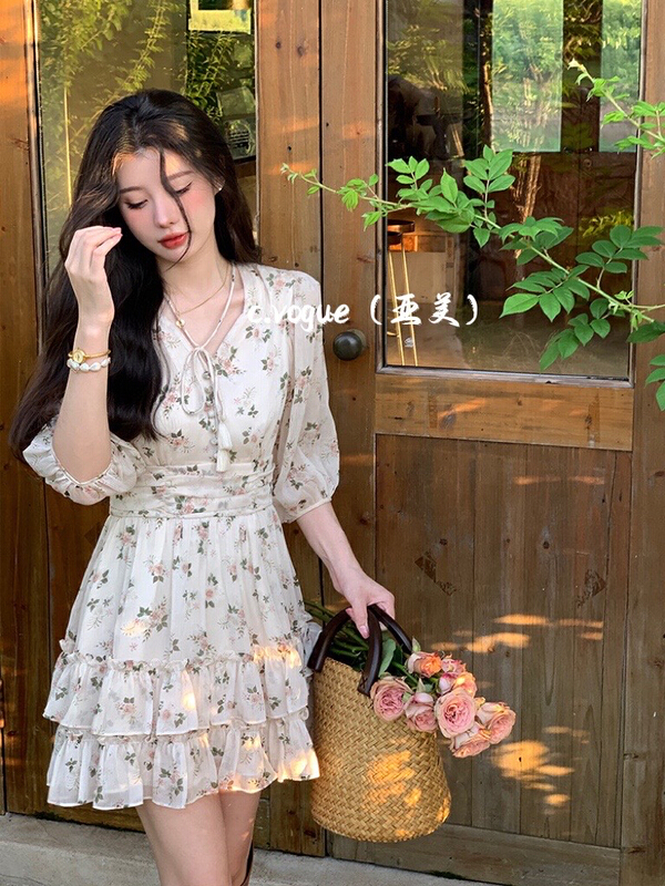[c.vogue] French soft floral waist slimming dress 3923\pcz