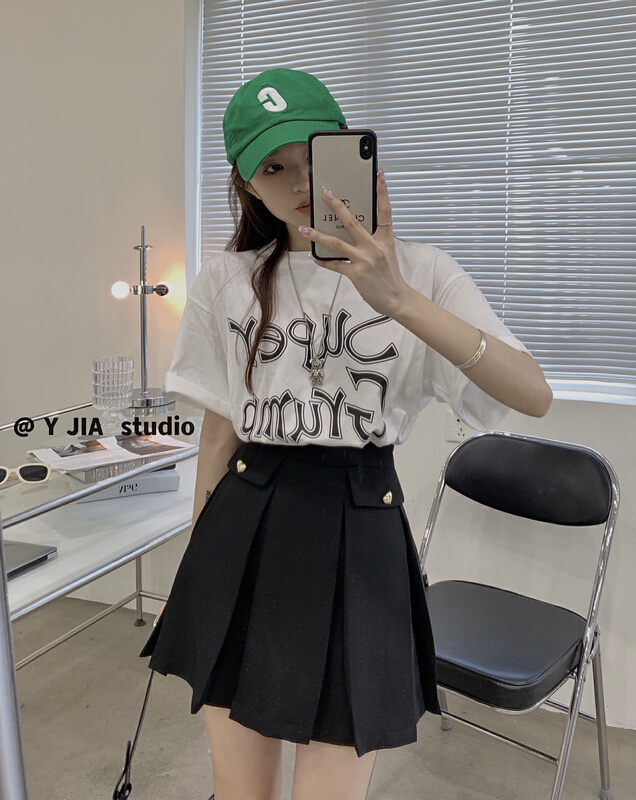 [y.jia EJA] versatile round neck letter short sleeve T-shirt + high waist slim pleated skirt set ys3-9980\pcz