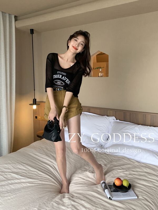 [ZY] U-neck fashionable letter printed linen sunscreen shirt h920