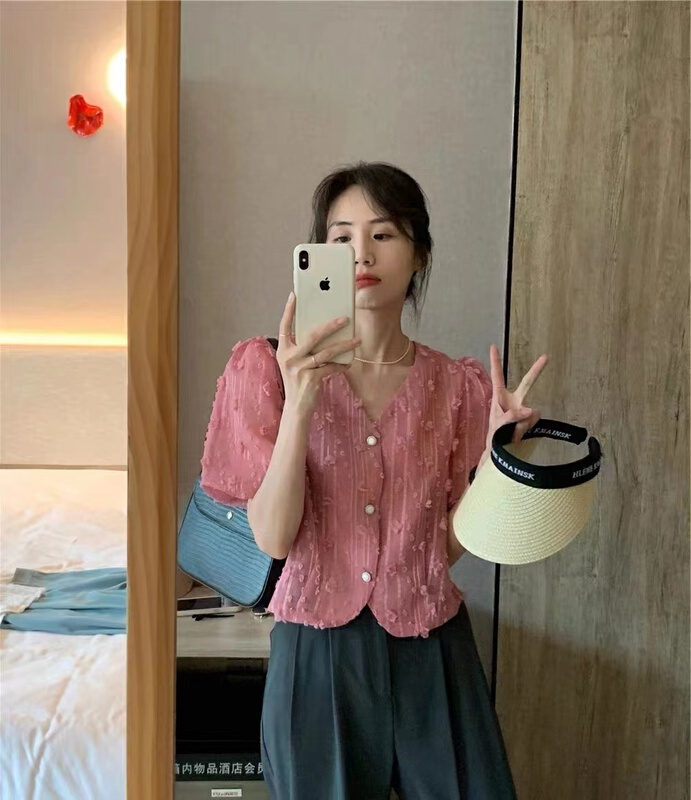 [December] Korean version lady V-neck micro transparent shirt 66111\hjy