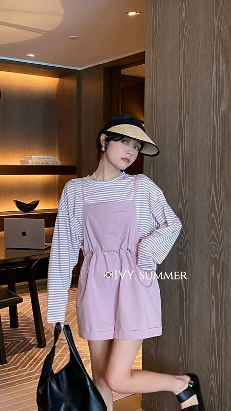 [Ivy] striped loose sunscreen shirt long sleeve + fashionable age reducing drawstring suspender suit 88267\jhy